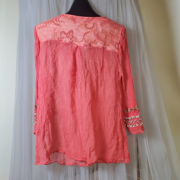 Soft Surroundings Bohemian Peasant Blouse Embellished Hippie PM Semi Sheer Vaca - Picture 5 of 6